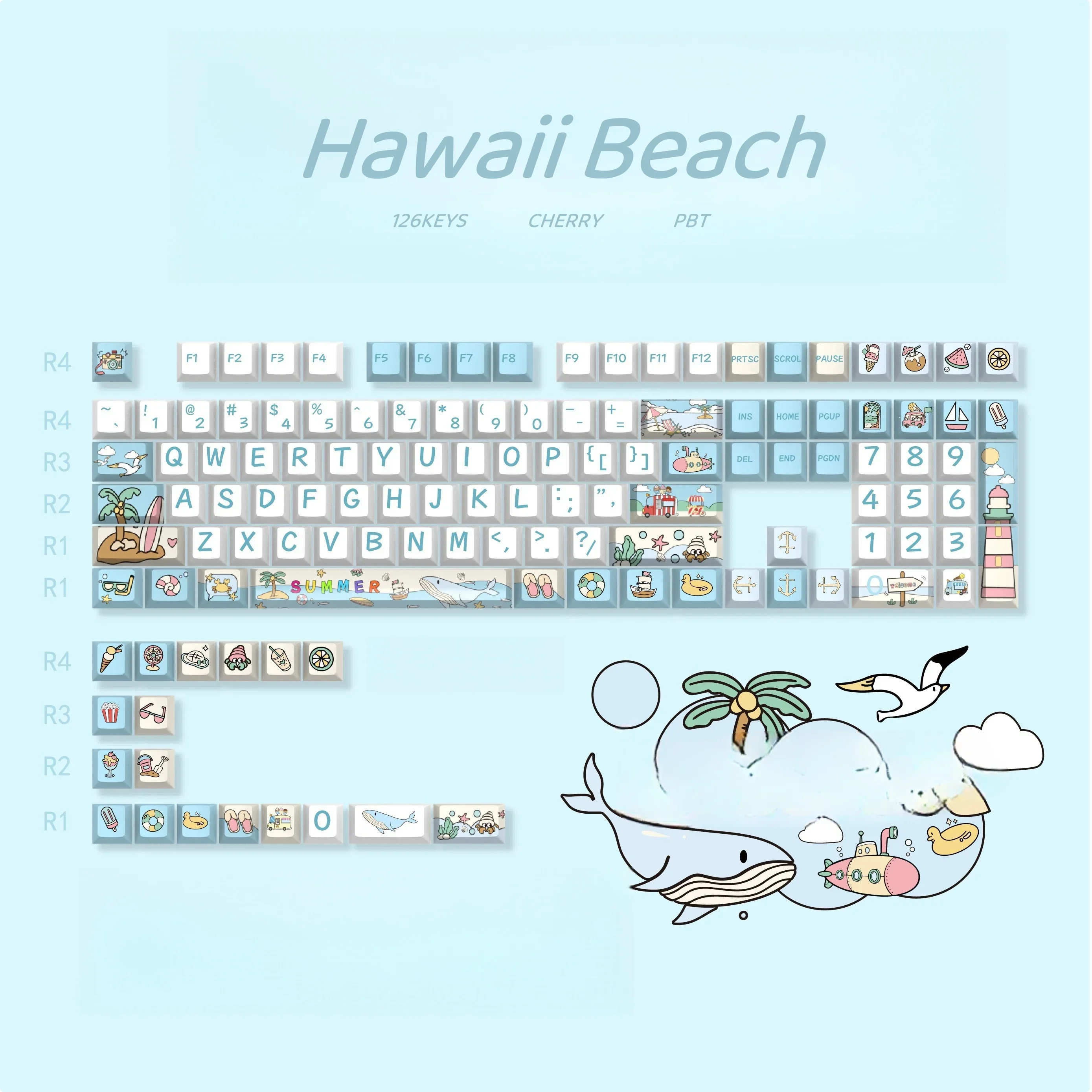 Imagem -05 - Hawaiian Beach Keycaps Pbt Cherry Dye Sublimation Adequado para a Maioria dos Teclados Mecânicos do Jogo Faça Você Mesmo Verão Azul 126 Teclas