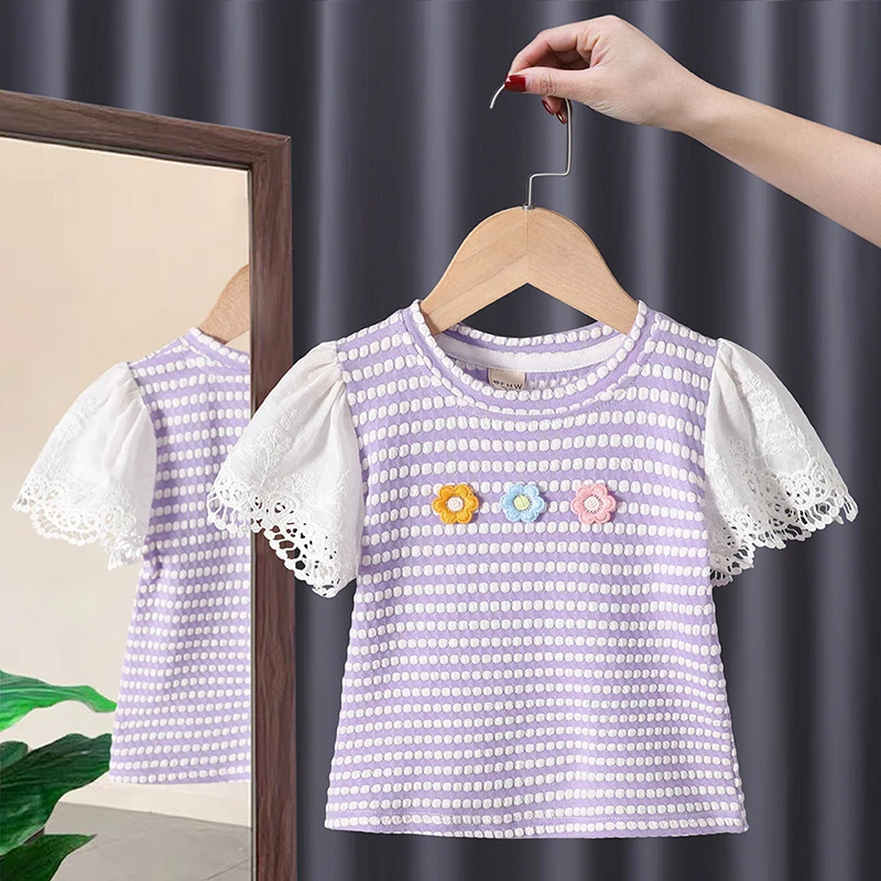 

Korean Children's Clothing Summer Flowers Girls' Tops Cotton Tee Lace Patchwork Short Sleeves Women's Cute Beauty T-Shirt