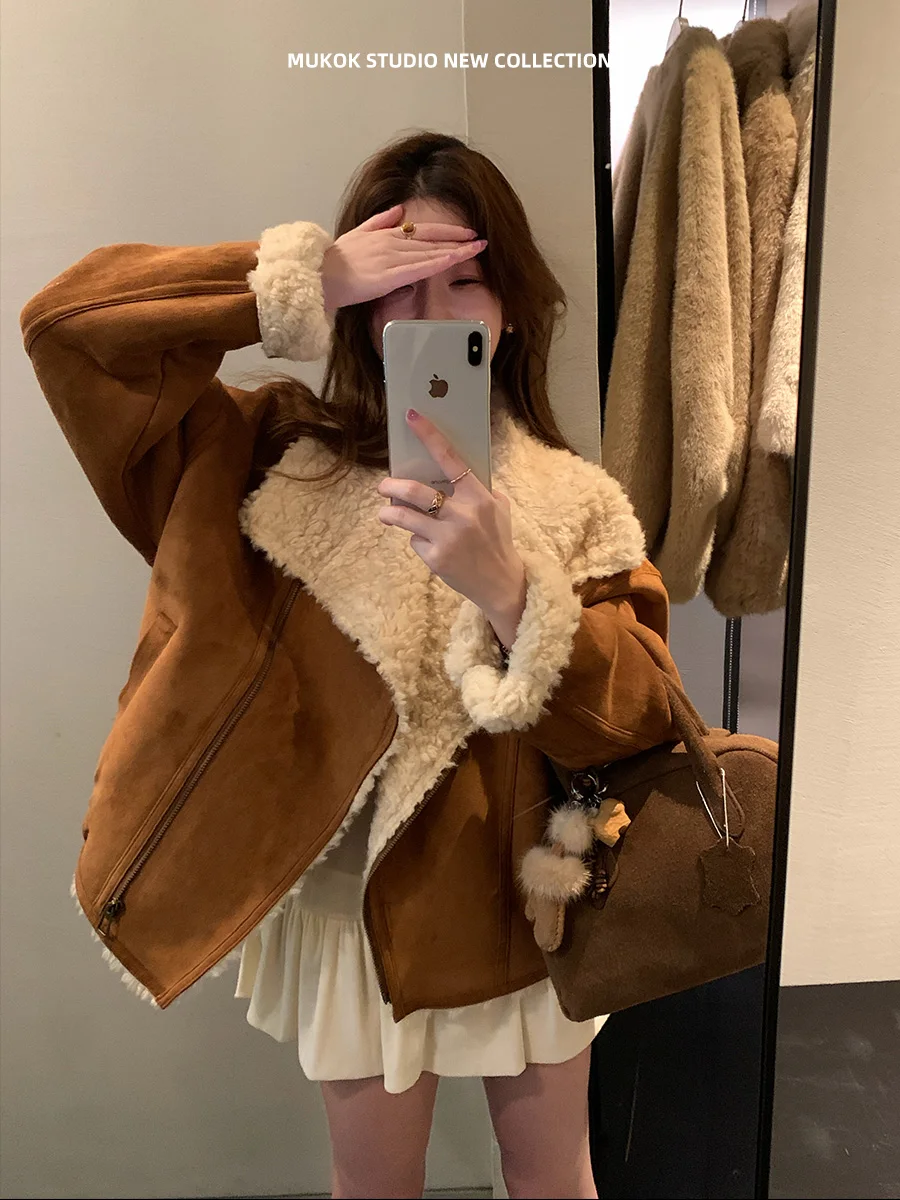 MUKOK Vintage Gradient Color Block Fur Jacket Women's Long Sleeve Zipper Closure Commute Style Eco-Friendly Lamb Fur Coat