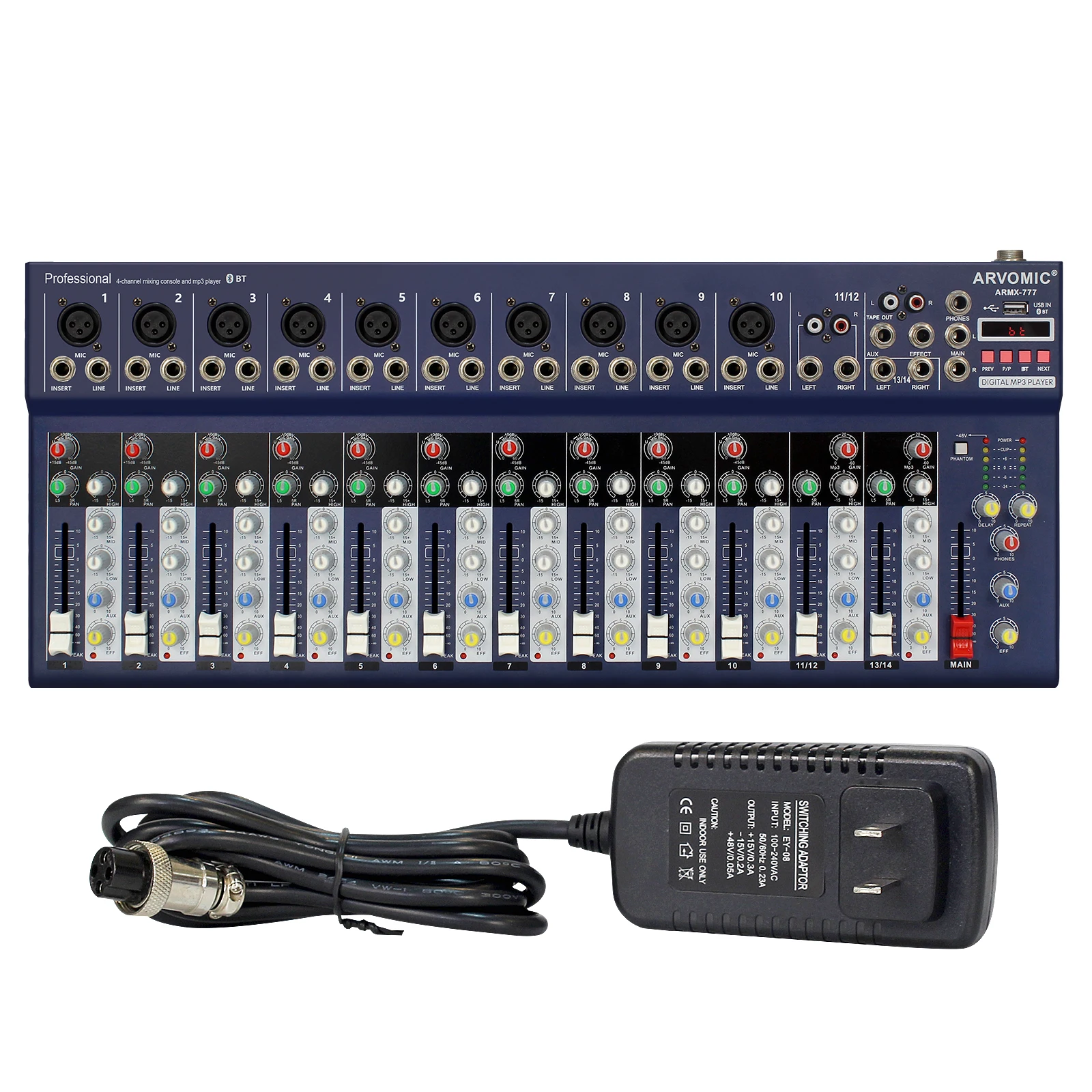 ARVOMIC Professional Audio Mixer, 14-Channel, USB Input, Bluetooth Function, 48V Phantom Power For Recording DJ Karaoke ARMX777