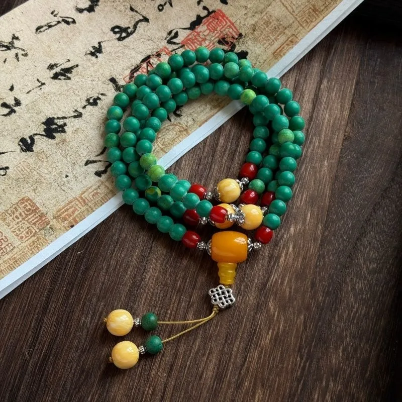 Tibetan Vintage Turquoise 108 Beads Mala Bracelet Ethnic Worry Beads Wearable Necklace & Car Pendant, Unisex Hand Prayer Jewelry
