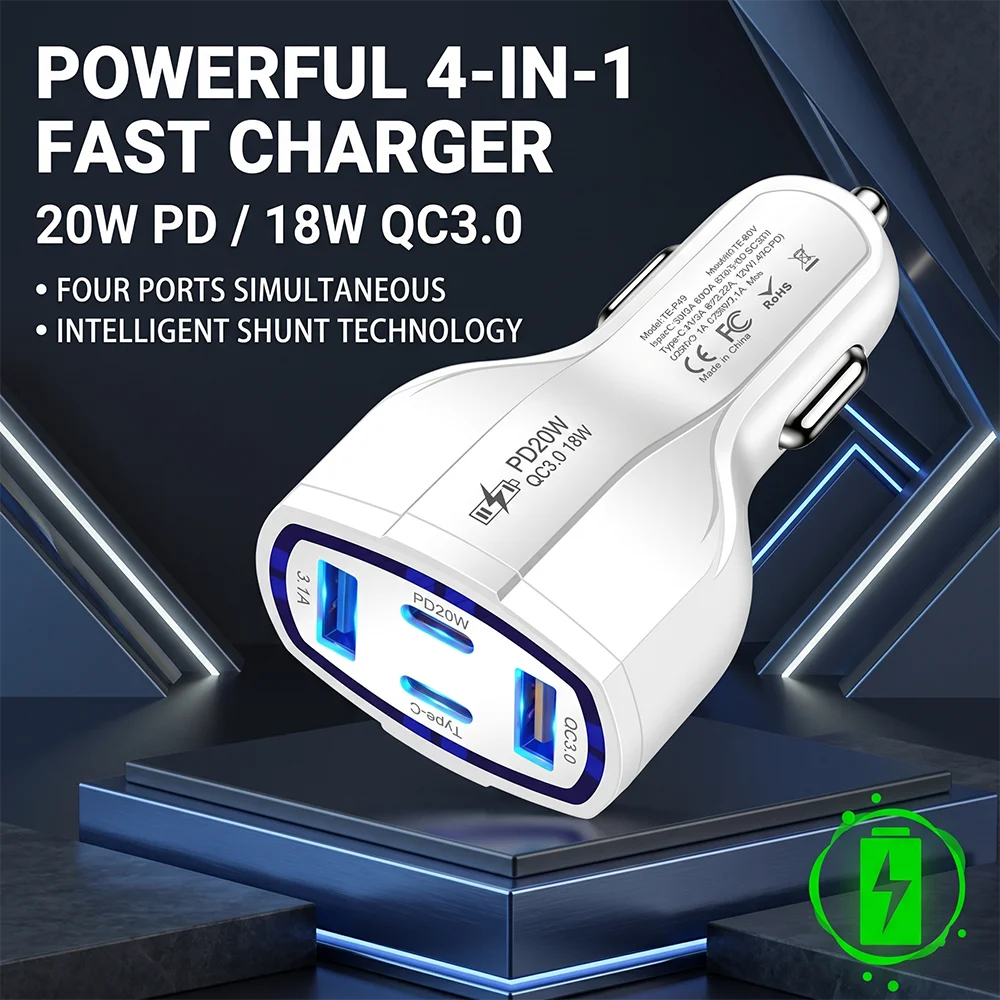 Multi Port Car Charger Adapter PD 20W USB C Fast Charging 4 Ports with QC 3.0 and 3.1A Port For Smartphones For Tablets For Dash