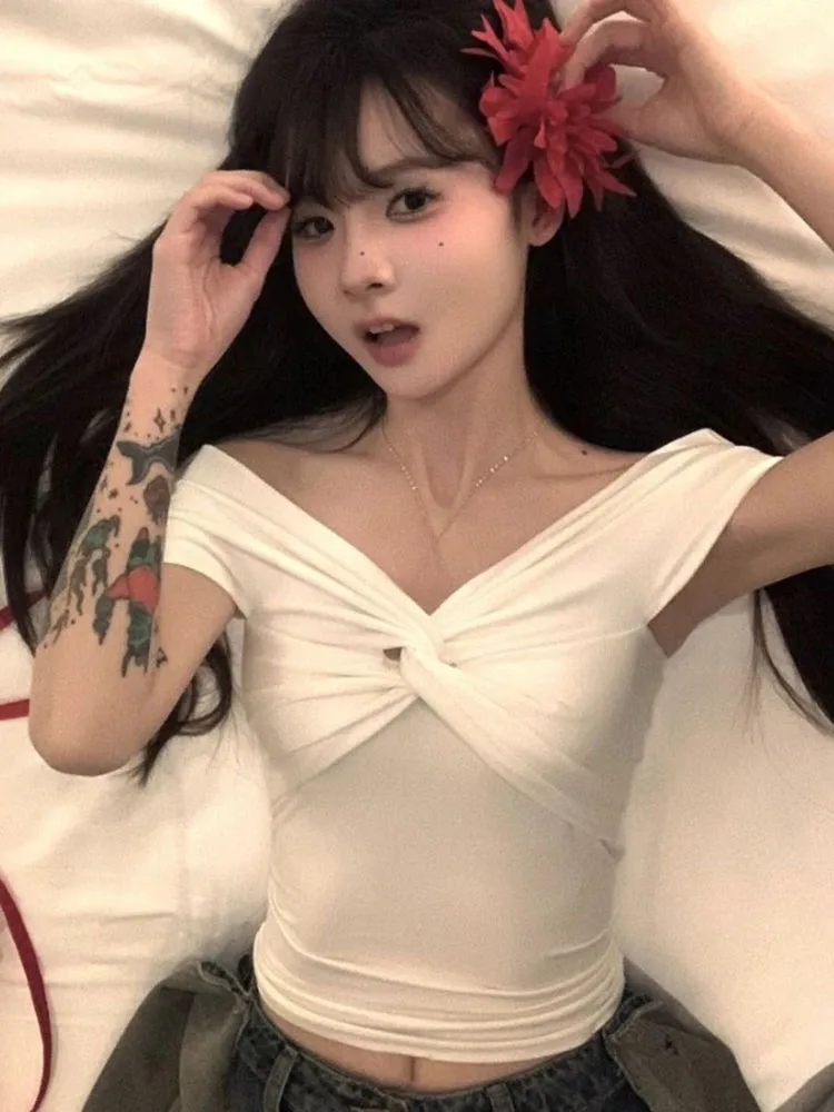 Y2k Aesthetic Cross Pleated Sexy T-shirt Slash Neck Vintage Slim Fit Off Shlouder Cropped Tops Women ​fairy Solid Grunge Tshirts