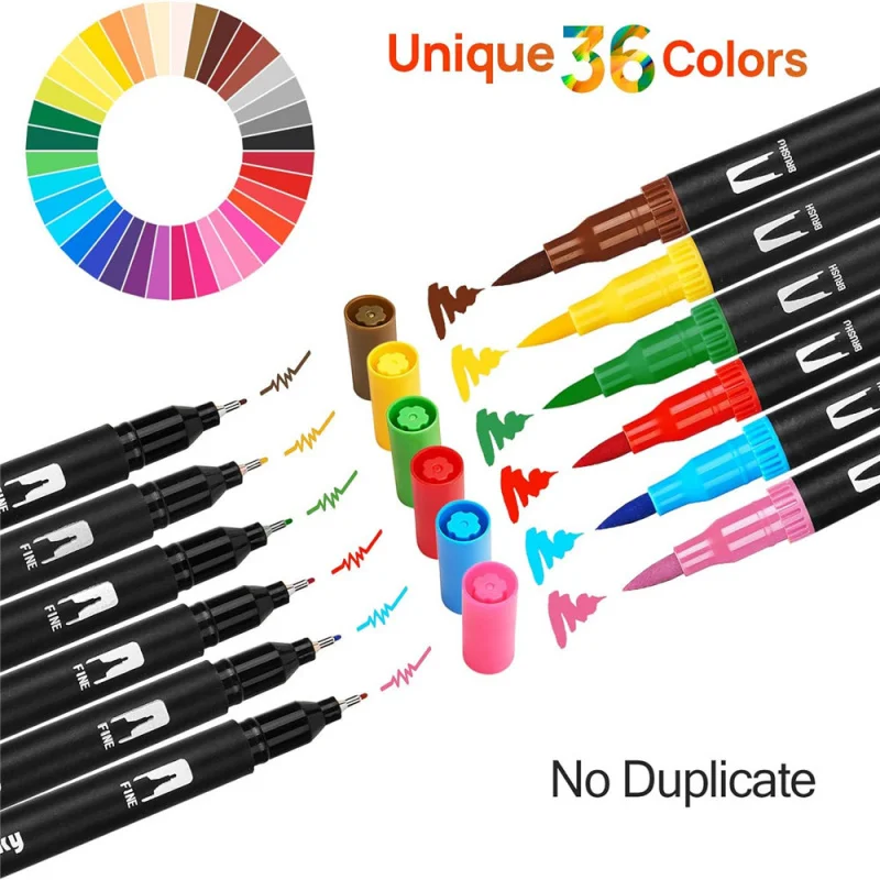 36 Colors Felt Tip Drawing Watercolor Art Markers Pen Dual Brush Fineliner Colouring Pen Set for Calligraphy Painting