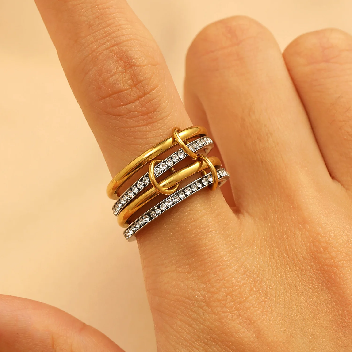 LATS Gold-plated Stainless Steel Multi-layered Contrasting Stacking Rings for Women Fashion Hand Jewelry