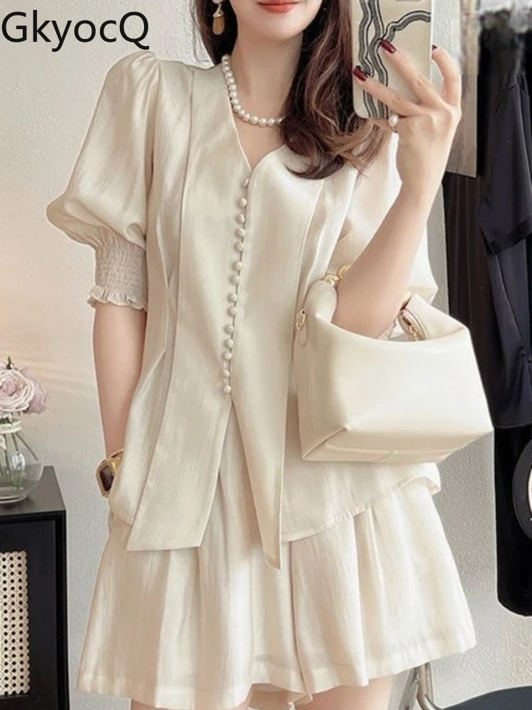 

2025 French Style Summer Women's Outfit Elegant Blouse + Wide Leg Shorts Set Trendy Casual Office Wear Plus Size Available