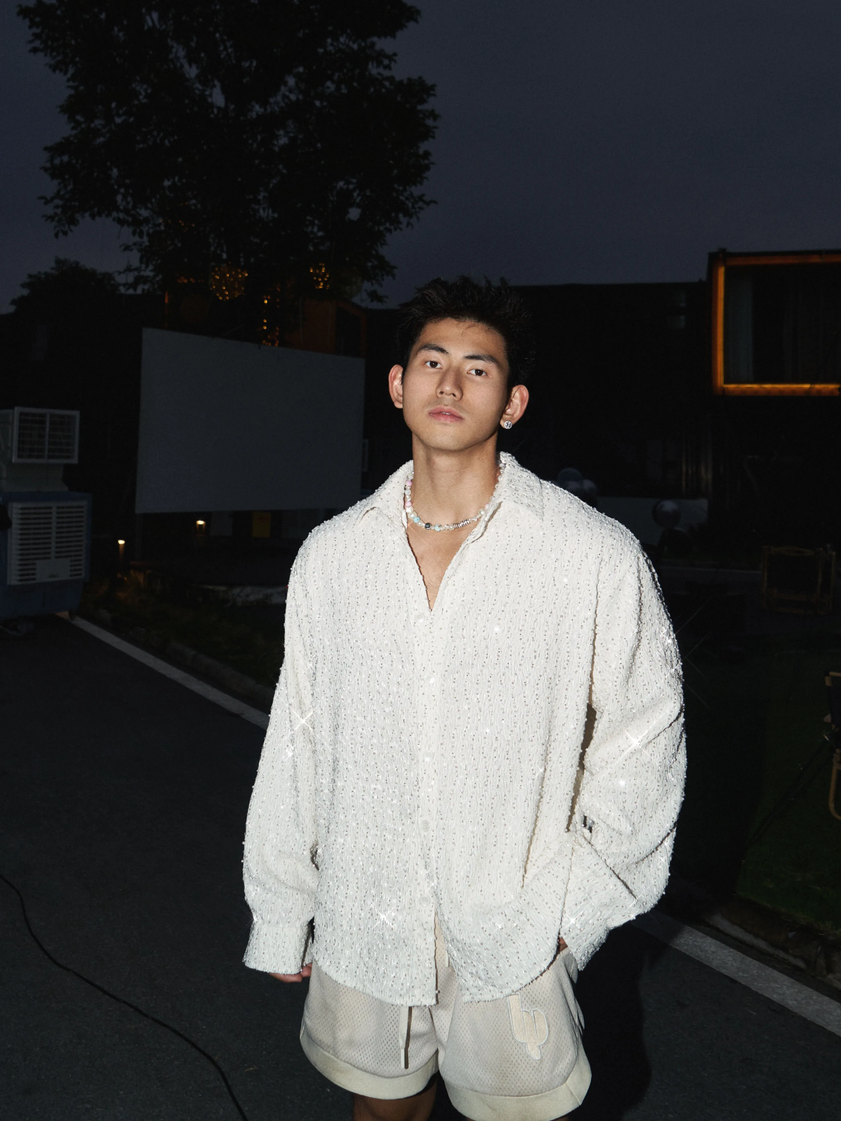 Fashion Sequin Pearl Long Sleeve Solid Color Shirts Men 2025 Autumn New Loose Comfort Trendy Shirt Male Handsome Blingbling Tops