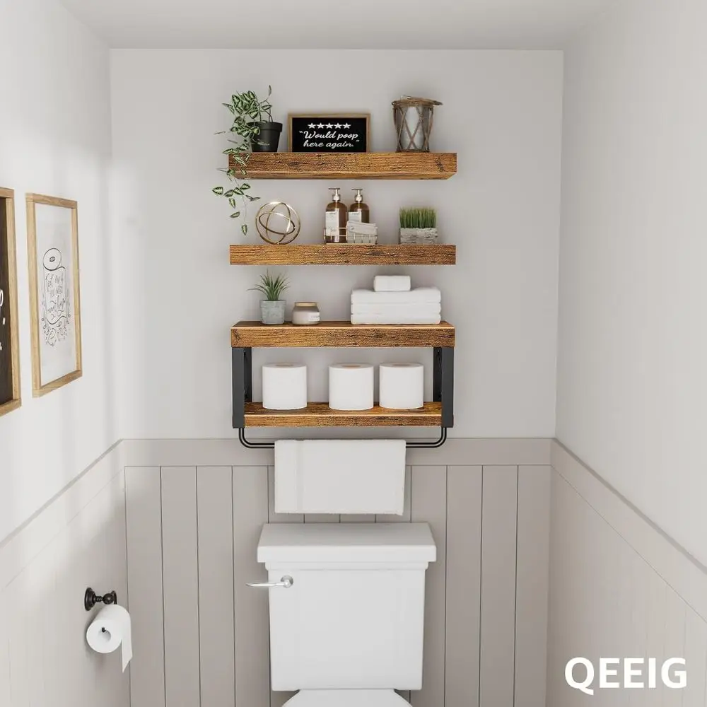 Over-the-Toilet Floating Shelves Set, 16 Farmhouse Style, Rustic Brown, 3-Piece Toilet Paper Storage