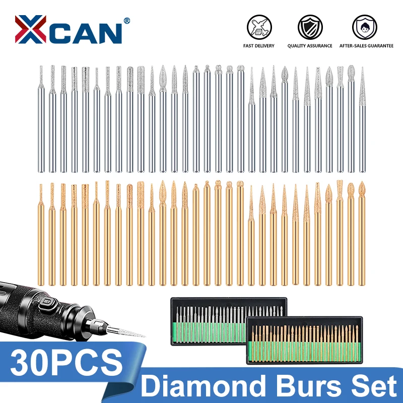 XCAN 30pcs Diamond Burs Drill Bit Set 3mm Shank DIY Engraving Polishing Tool For Glass Jade Stone For Dremel Rotary Tool