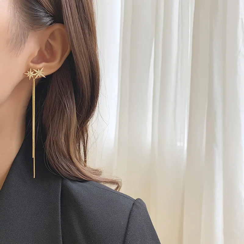 

Модные длинные серьги-кисточки из стерлингового серебра 925 пробы с блестящим цирконием серьги с восемью острыми звездами простые элегантные ювелирные изделия