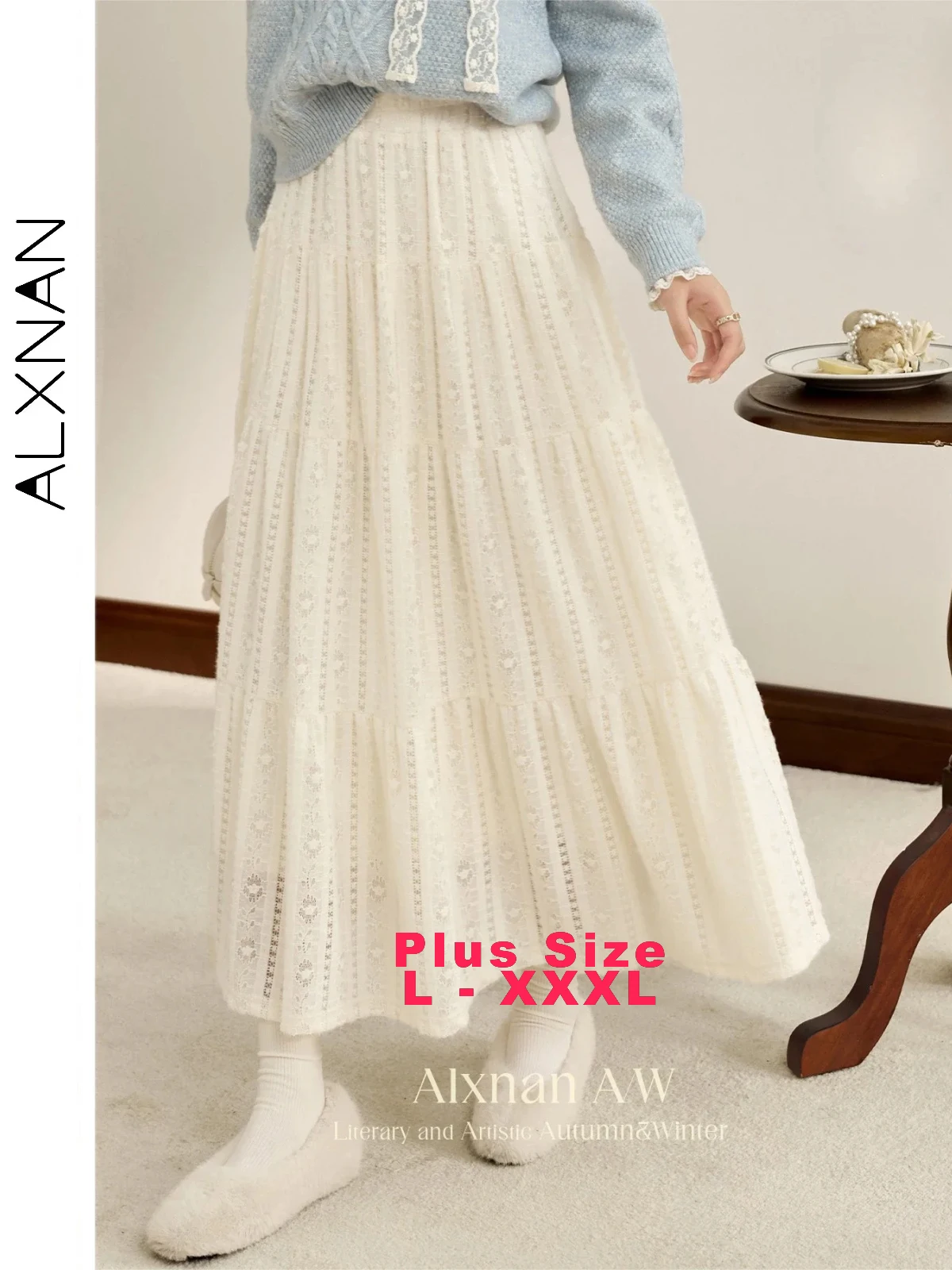 ALXNAN Autumn Winter Plus Size Fleece Skirts for Women Patchwork Lace Elastic Waist A-line 2024 Female All-match Bottoms D07799