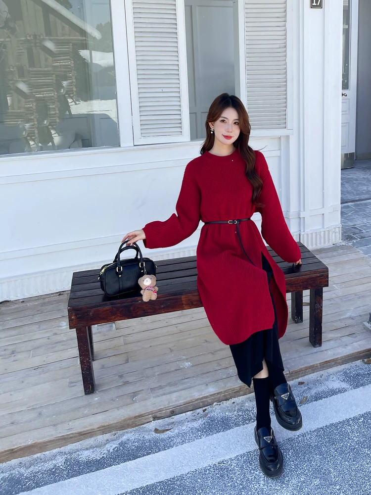 Retro Czerwony Modny Dzianinowy Długi Dwuczęściowy Zestaw Jesienno-Zimowy Długi Sweter z Paskiem Ele Lady Sle