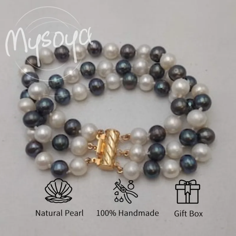 

MYSOYA Three-layer Black White Freshwater Pearl Bracelet 8-9mm With Gift Box For Her/ Him For Birthday Wedding Valentine's Day.