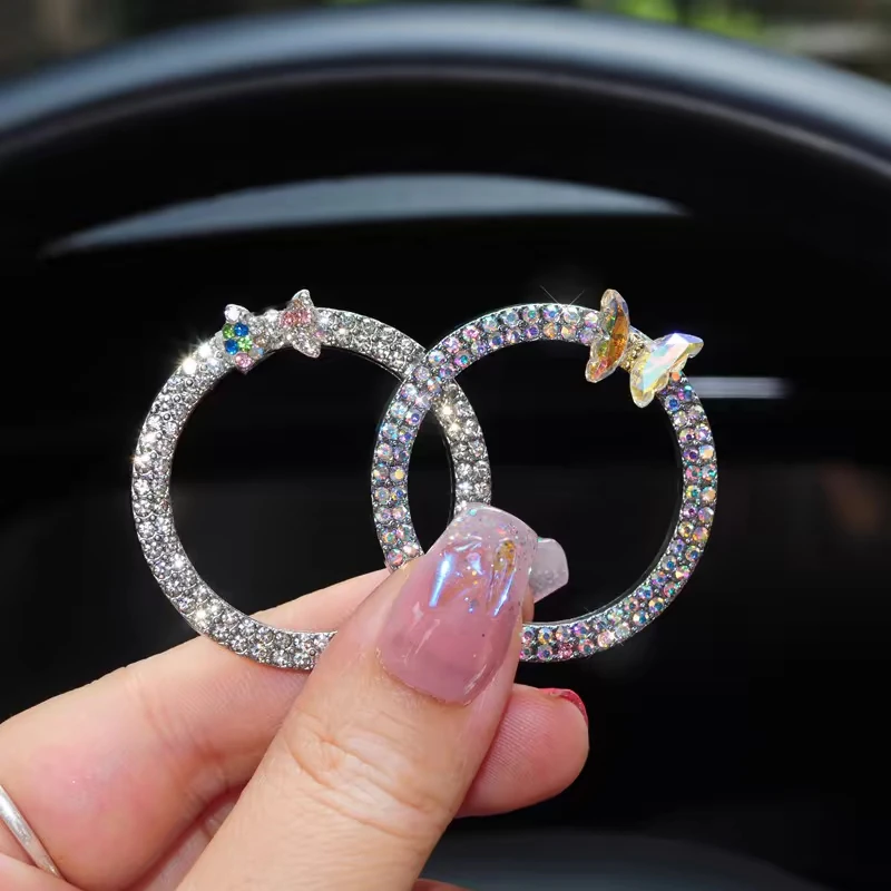 2pcs Hot Sales Rhinestone Car Start Button Decoration Circle Diamond Butterfly One Click Start Button Engine Start Stop Stickers