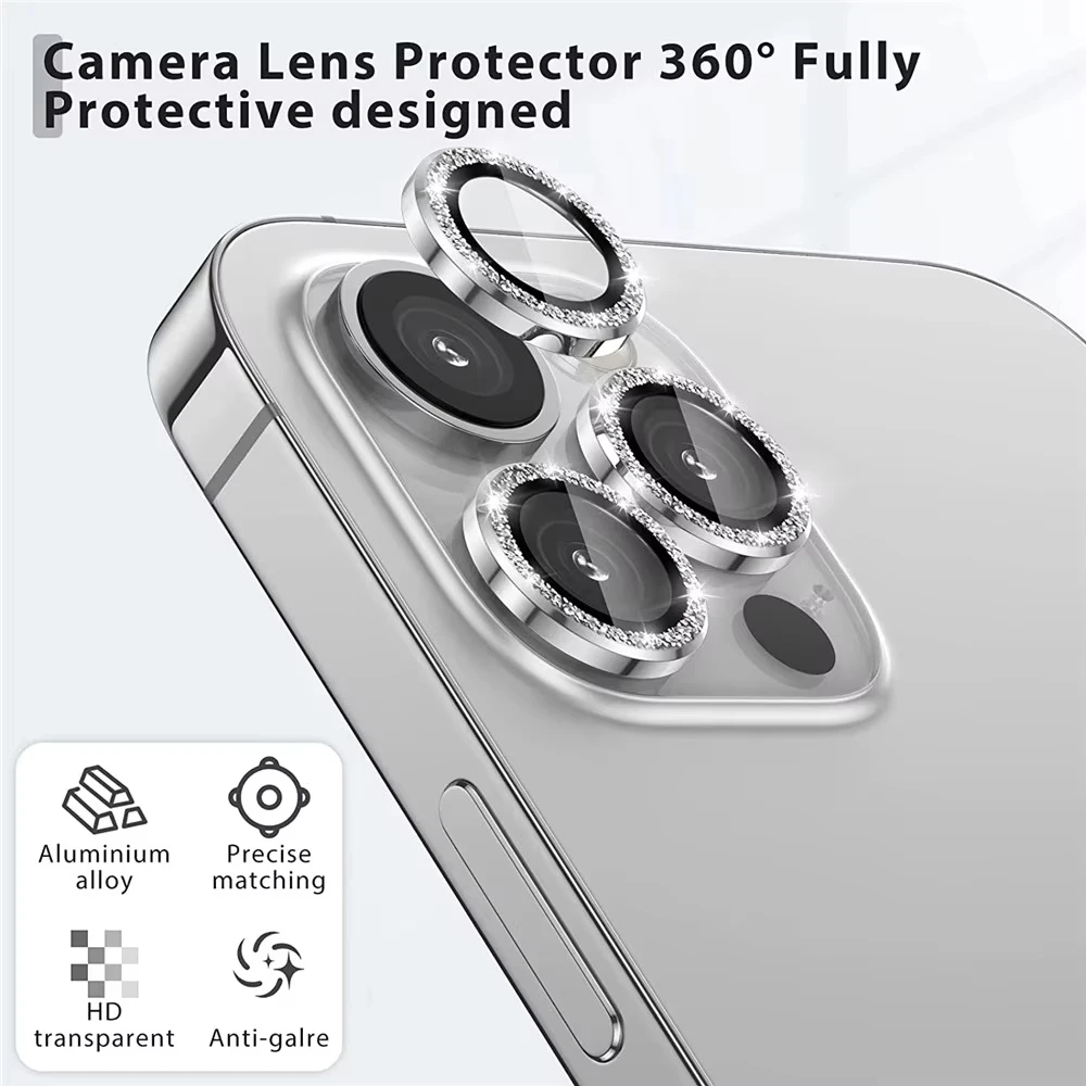 Protector de lente de cámara de cristal y Metal brillante para iPhone 16 15 14 13 11 Pro Max Plus 12 Mini 15Pro 14Pro, cubierta de lente de anillo para mujer