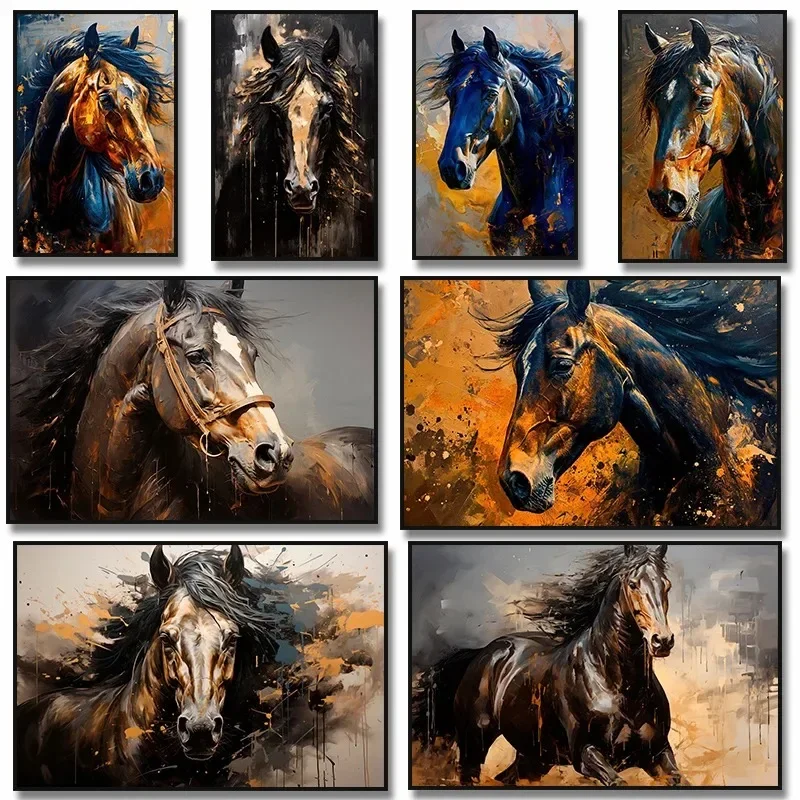 قماش اللوحة طباعة جدار الفن بارد الحيوانات البرية الحصان المشارك الأسود الحصان البني الحصان صورة الفروسية مكتب غرفة ديكور المنزل #2
