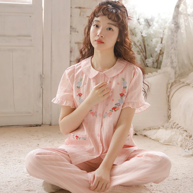 

Sweet Embroidered Printed Short-sleeved Trousers 2PCS Set Cotton Gauze Women's Summer Pure Cotton Thin Loungewear