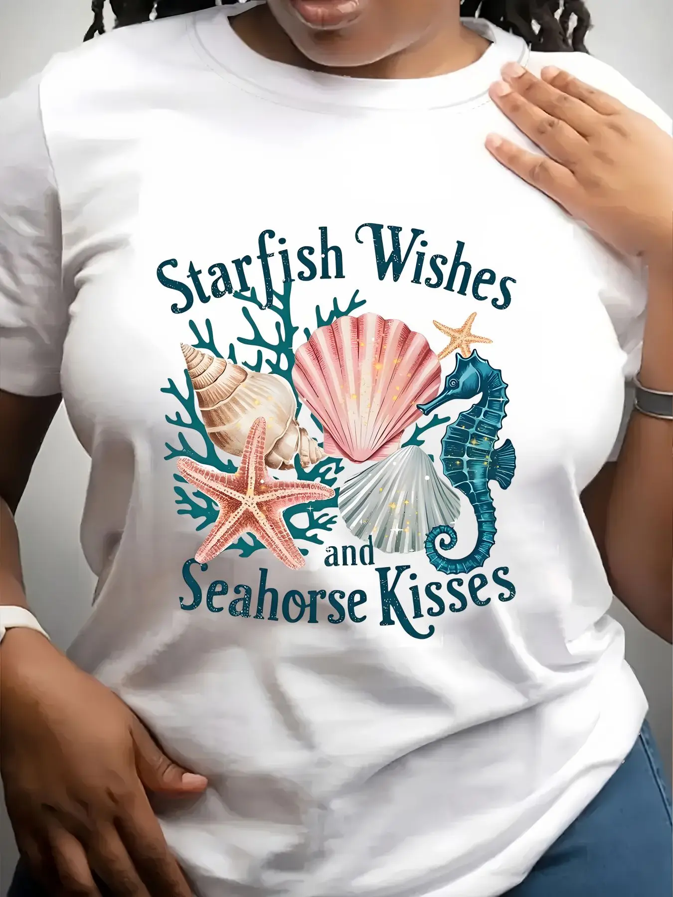 Women's Trendy Crew Neck T-Shirt Starfish Wishes Seahorse Kisses Design Suitable for Casual Sportswear