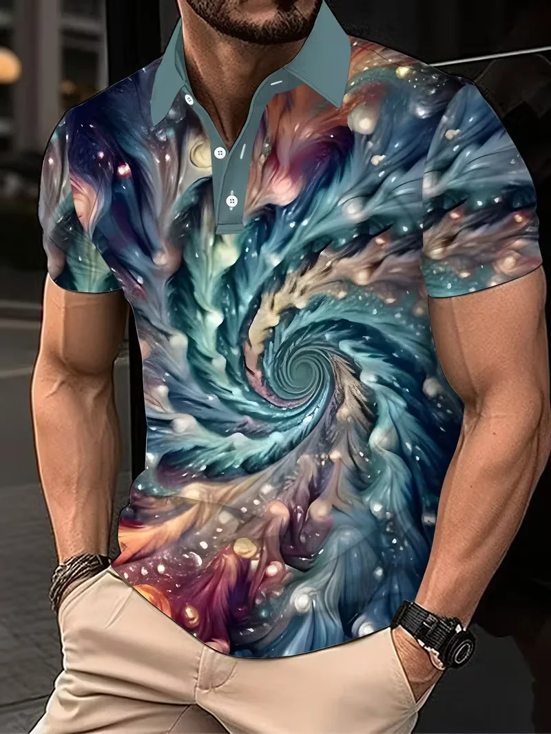 New men's Polo 3D striped printed shirt street casual short sleeved top men's clothing top POLO shirt