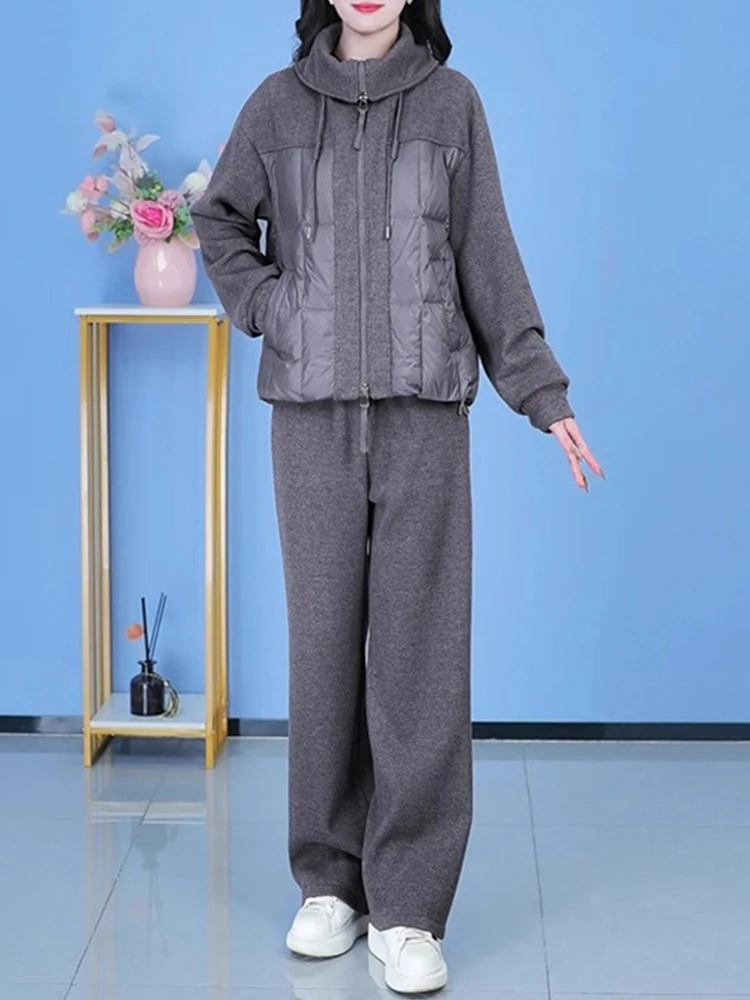 

Thiened Fce повседневный комплект спортивной одежды женские зимние теплые хлопковые брюки с капюшоном и широкими штанинами с высокой талией из двух предметов модные