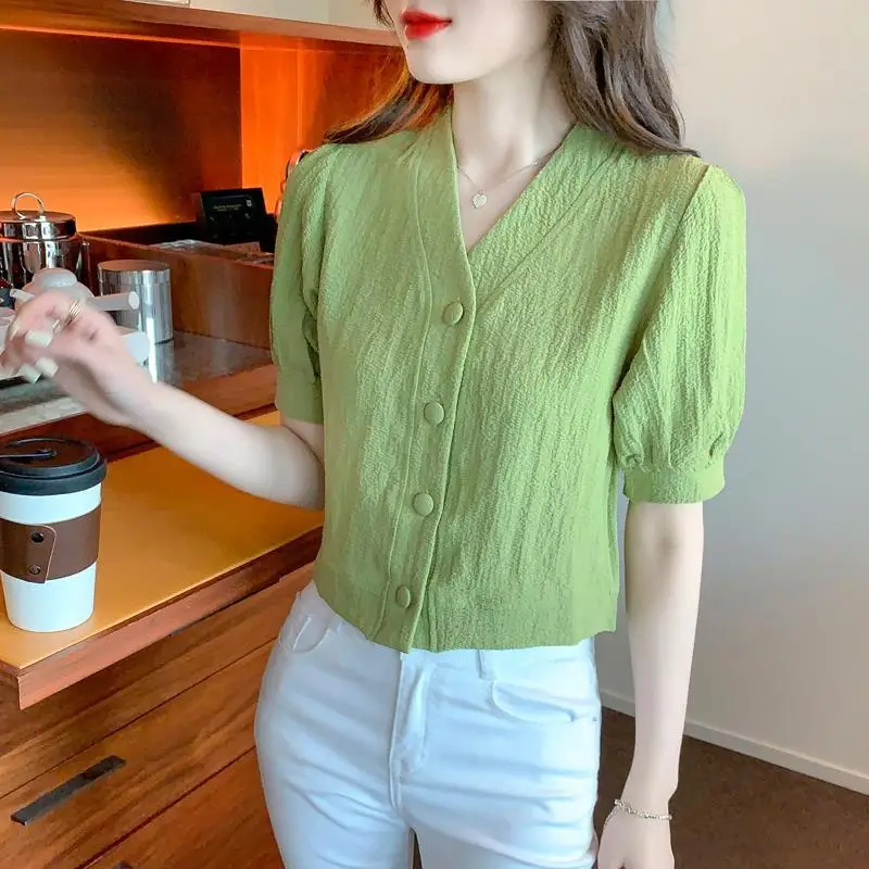 Women Clothing Korean Fashion Vintage Elegant Button Shirts 2024 Summer V Neck Slim Blouses Solid Short Sleeve Tops Blusas Mujer