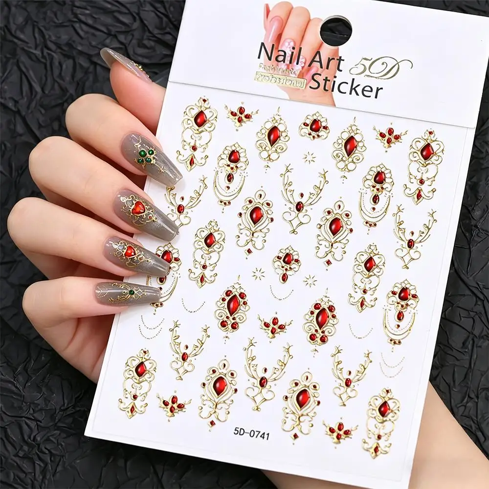 1Pcs 5D Embossed Vintage Baroque Scepter Nail Stickers Gold Royal Gem Chains Nails Decals Self-Adhesive Luxury Manicure Decor NK