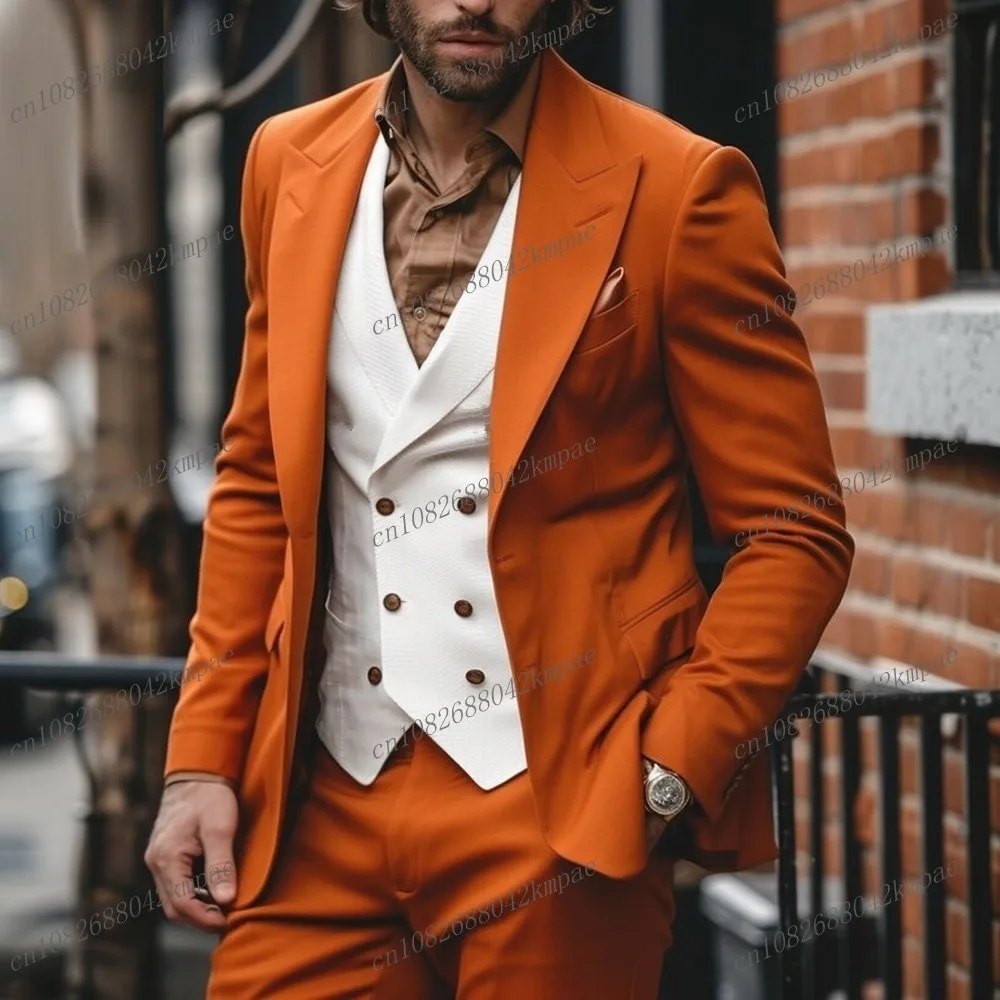 

Orange And White Formal Men Suit Male Party Prom Business Tuxedos Groom Groomsman Wedding 3 Piece Set Blazer Vest Pants
