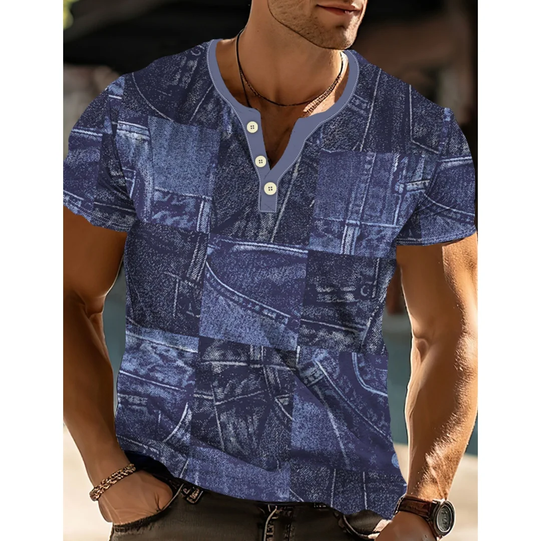 

Винтажная футболка для мужчин, футболка с короткими рукавами и принтом в стиле пэчворк, мужская одежда больших размеров, топы, пуловер на пуговицах, мужские футболки y2k