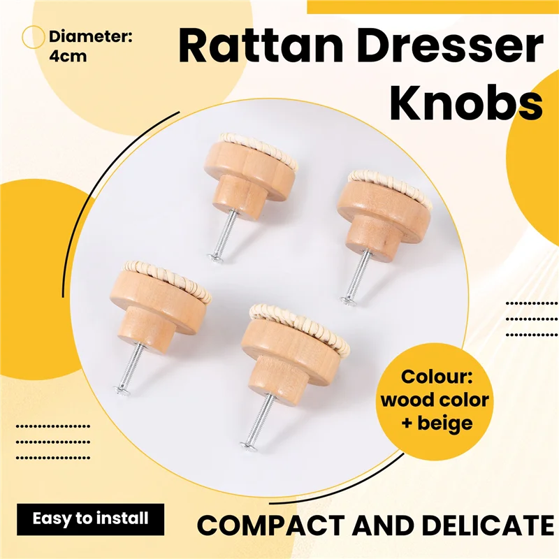 ABNM Boho Rotan Dressoir Knoppen Ronde Houten Lade Knoppen Handgemaakte Rieten Geweven En Schroeven Voor Boho Meubelknoppen Beige