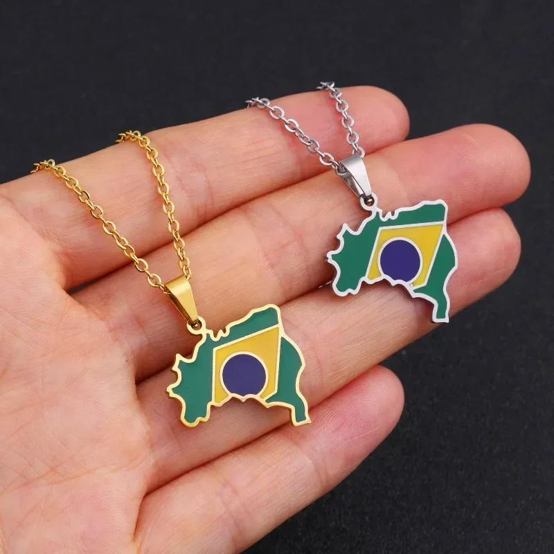 Hot Selling Stainless Steel Brazil Map Pendant Necklace Enamel Brazil Flag Necklace for Men Women