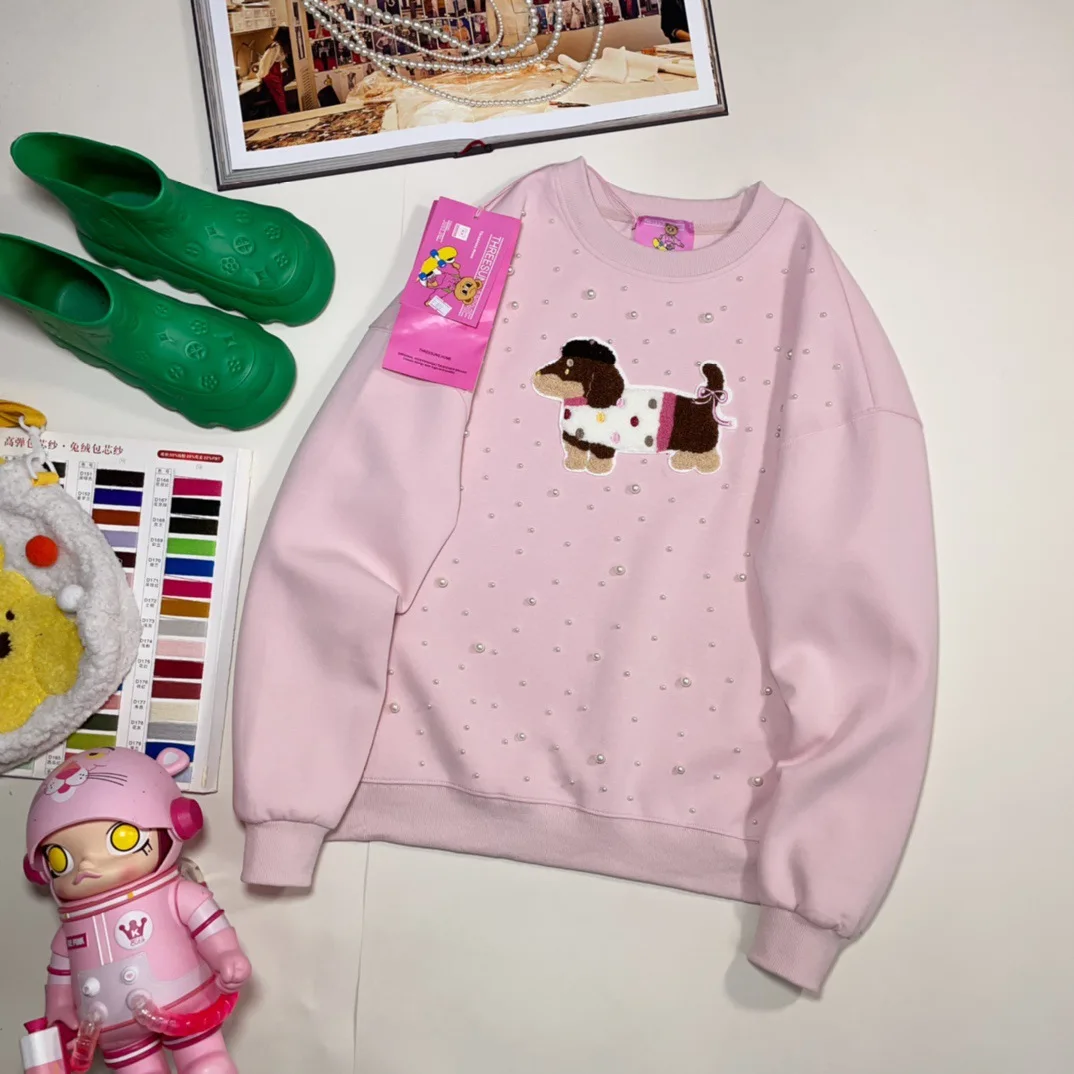 Autumn New Korean Loose Sweatshirts Women Original Design Heavy Industry Beads Towel Embroidered Puppy Patch Round Neck Tops