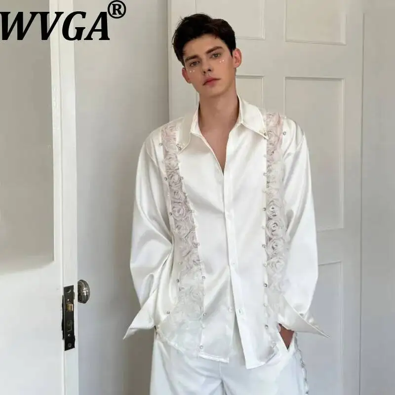 WVGA 2026 Spring New Men's Flower Patchwork Trendy Long Sleeved Shirts Niche Chic Casual Turn-Down Collar Beaded Tops Ins W24792