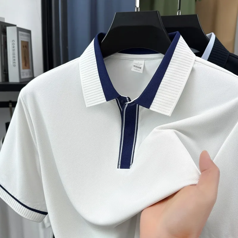 

Мужская рубашка-поло с коротким рукавом, летняя, новая, из ледяного шелка, легкая и тонкая, для делового повседневного стиля, высокоэластичная футболка, модная мужская одежда