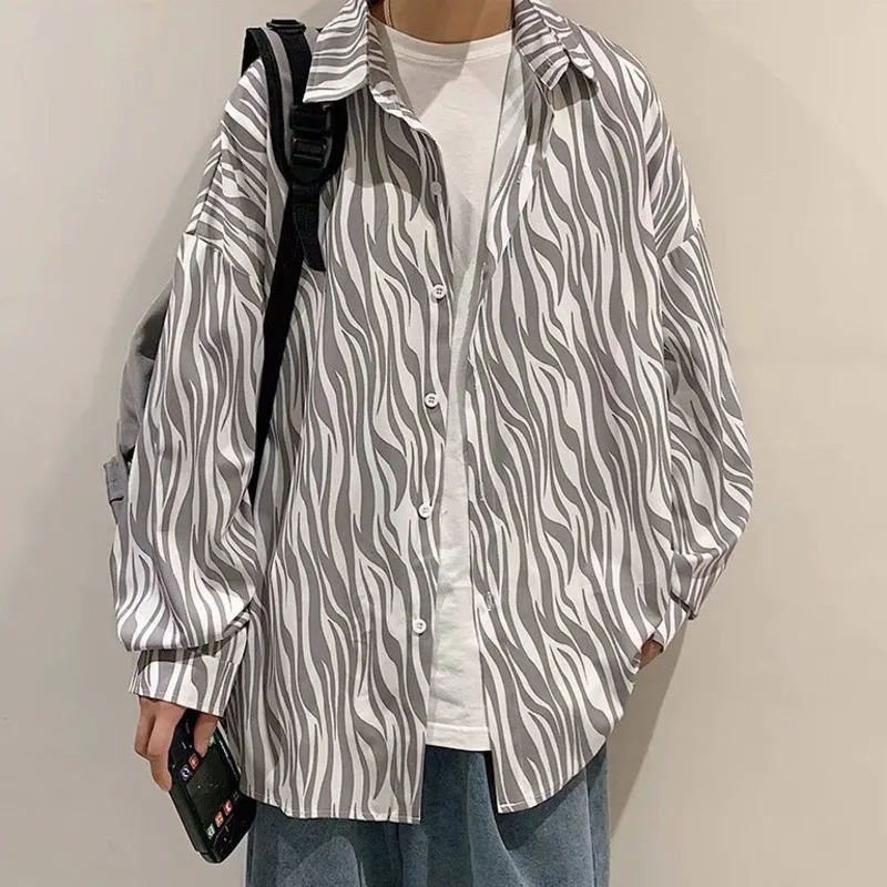 Autumn Shirt Men Casual Black White Zebra Striped Lapel Shirt Long Sleeve Male Blouse Fashion Loose Punk Street Shirts