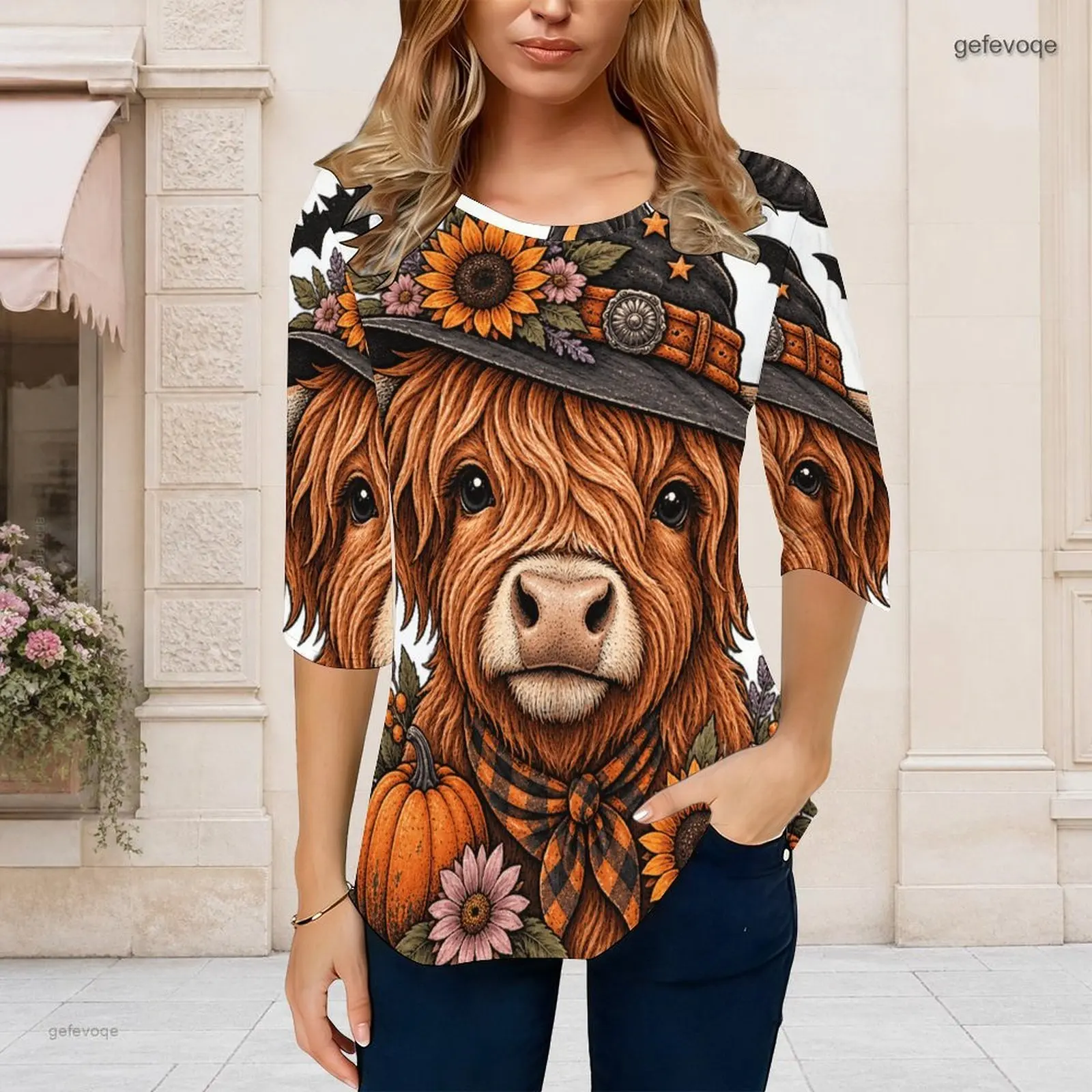 Women Round Neck 3/4 Sleeve Printed Highland Cow Pumpkin Floral Curved Hem Top