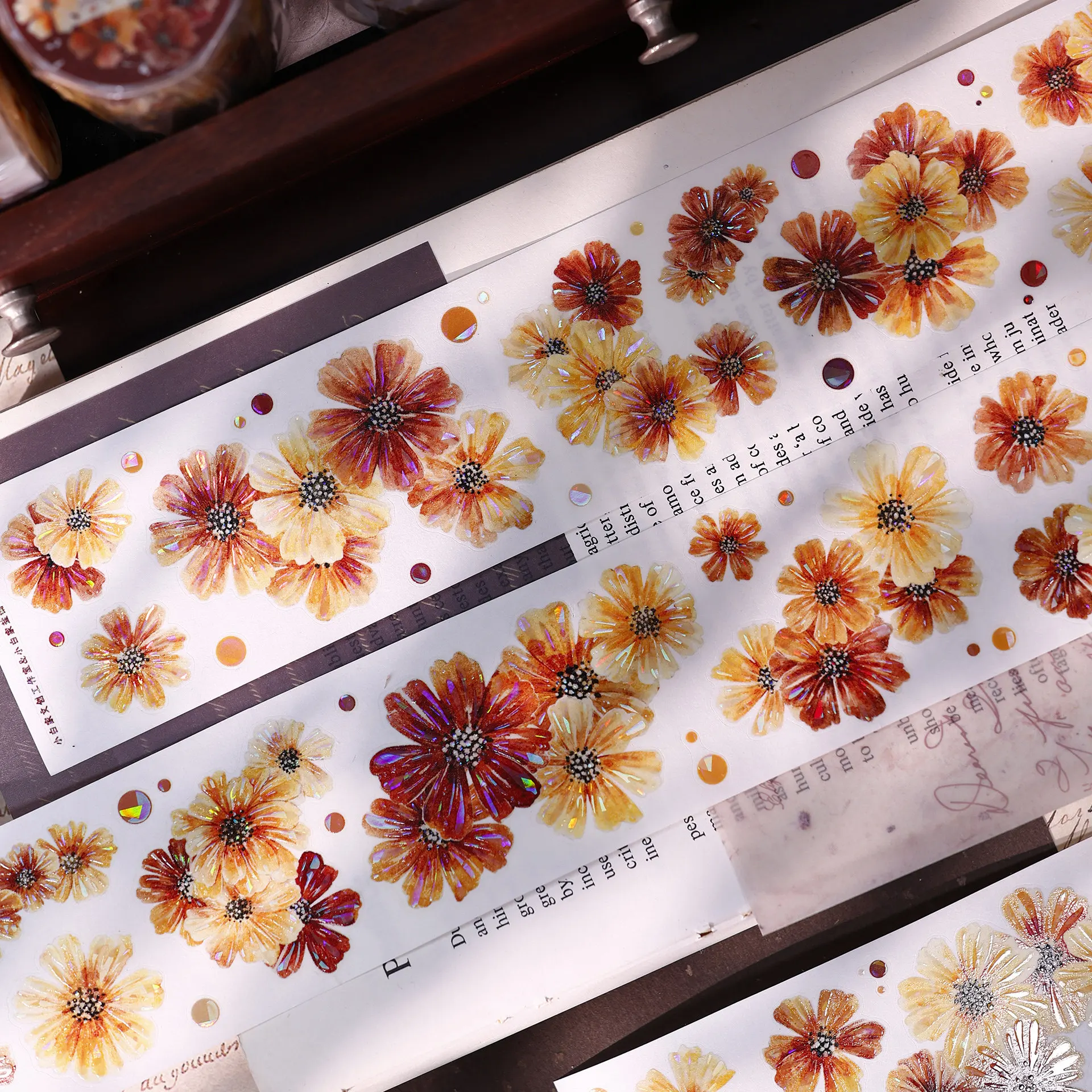 Autumn Brown Floral Retro Daisy Washi PET Shell Shiny Die-Cut Tape for Journal Scrapbooking DIY Craft Decor