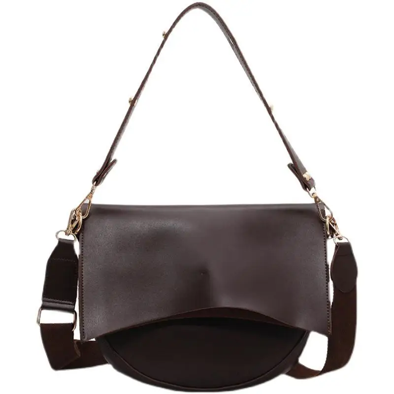 

Korean Version Retro Small Bag New Trendy Fashion Autumn Winter Broadband Saddle Bag Women's Textured Atmospheric Messenger Bag