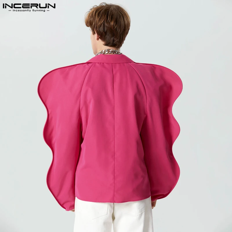 INCERUN Men Irregular Blazer Solid Ruffle Lapel Long Sleeve Button Casual Suits Men Streetwear 2024 Loose Fashion Coats S-5XL