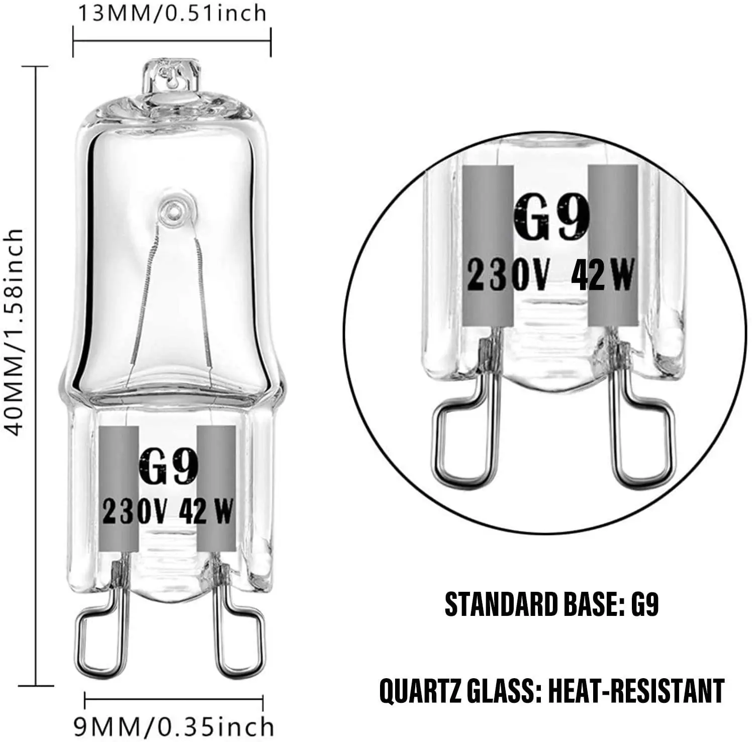 G9 lámpara halógena cuentas bombillas de vidrio 220V 28W 42W lámpara halógena de tungsteno cuentas bombilla de horno lámpara de cristal pin fuente