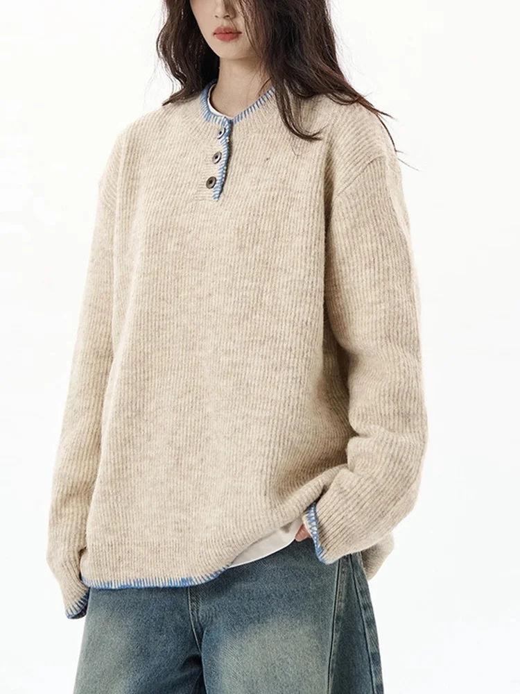 100% pure cashmere with a sense of niche design Henry neck loose sweater sweater top
