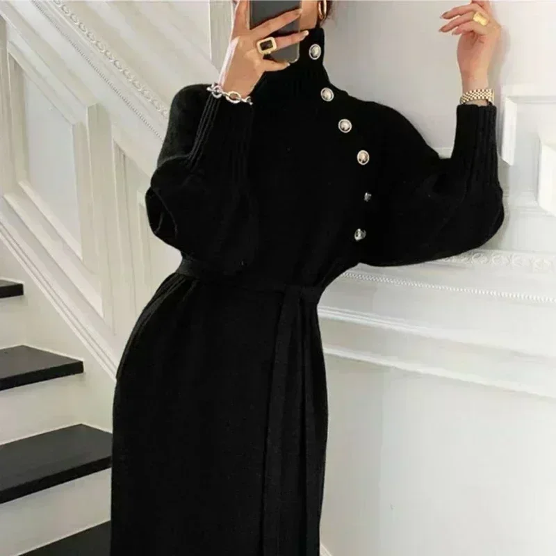 Turtleneck Sweaters Dresses for Women Party Pullovers 2025 New Spring Autumn Winter Button Long Sleeves Skirts Female Clothing