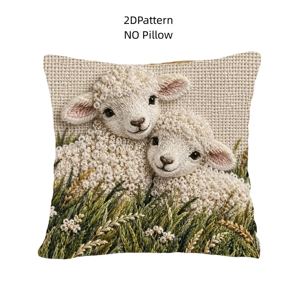 Imitation Embroidery Sheep Throw Cushion Case 2D Printed Soft New Year Cushion Cover Rustic Style Mascot Lamb Pillowslip