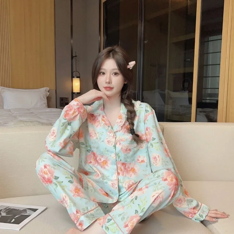 

2024 Women New Spring Autumn Pajama Sets Girls Ice Silk Thin Long Sleeve Trousers Sleep Clothes Leisure Loose Home Service Suit