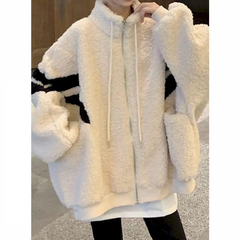 Oversized Zip Up Coats Women Fashion Design Polar Fleece Coat Casual Loose Cardigan Jackets Autumn Winter Trend 2024 New in Tops