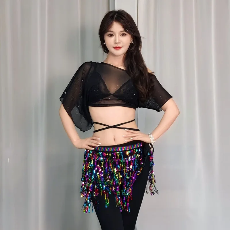 Customized Belly Dance Costume Top 2025 New Sexy Mesh Short Sleeved Workout Suit Eastern Dance Top for Women