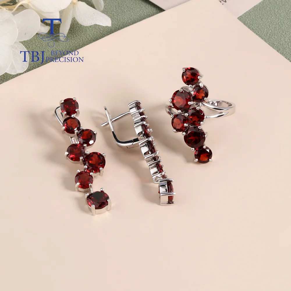 100% Natural Red Garnet Ring Earrings Jewelry Set 925 sterling Silver Fine jewelry Women's anniversary party birthday gift