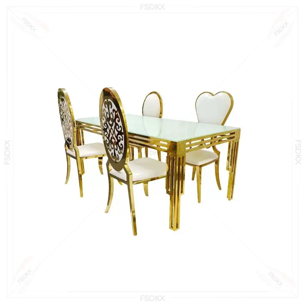 FSDKX Luxury Wedding Round Glass Top Table Golden Stainless Steel Frame Dining Table