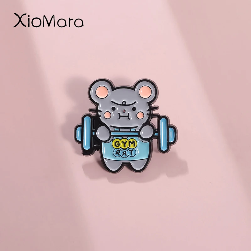 Gym Mouse Enamel Pin Cute Weightlifting Rat Maintain Healthy Exercise Brooches Lapel Badges Jewelry Kid Fans Gift