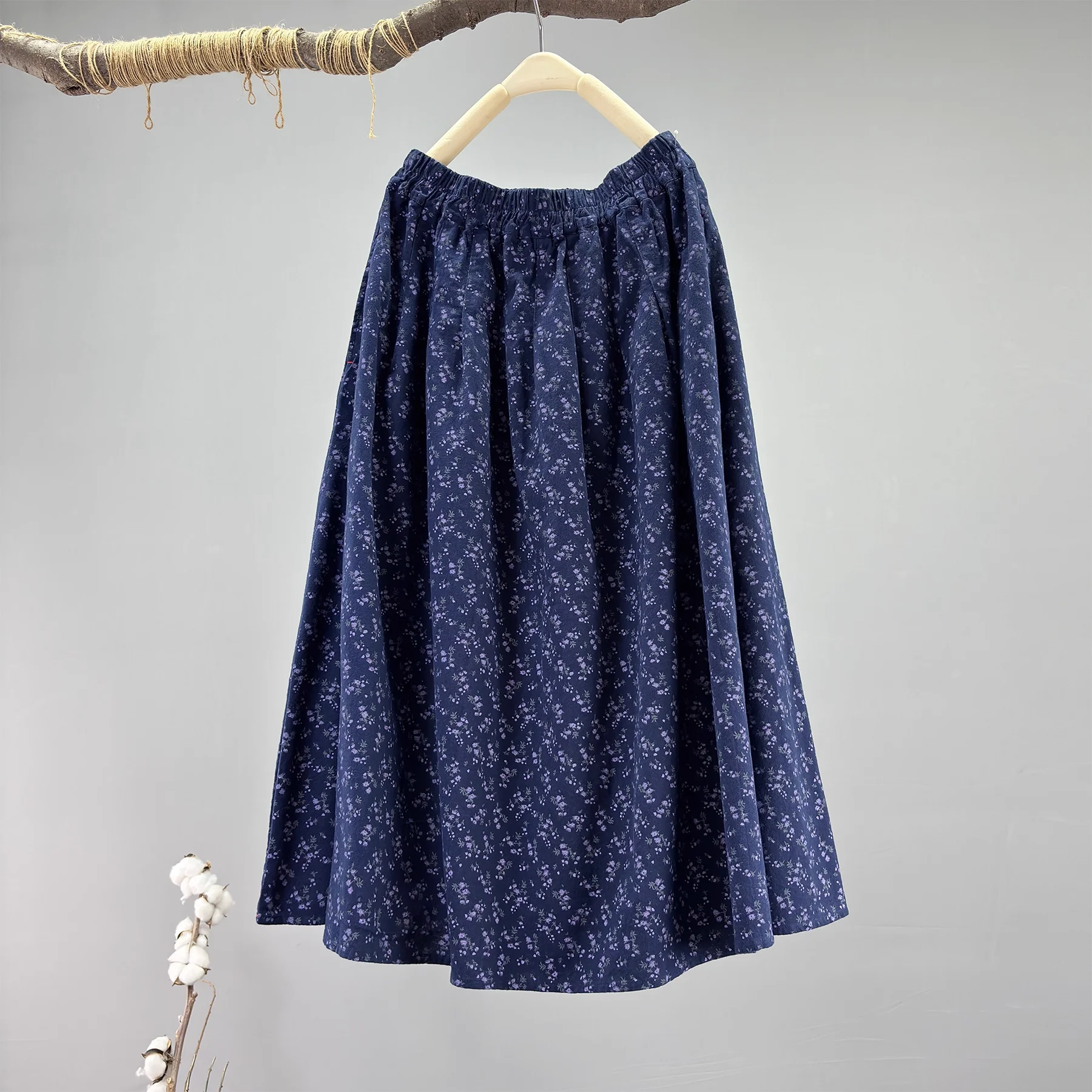 Enianechu Women Cotton Skirts Vintage Print Floral Elastic Waist Long Skirts Winter Casual Loose Simple Comfortable Skirt