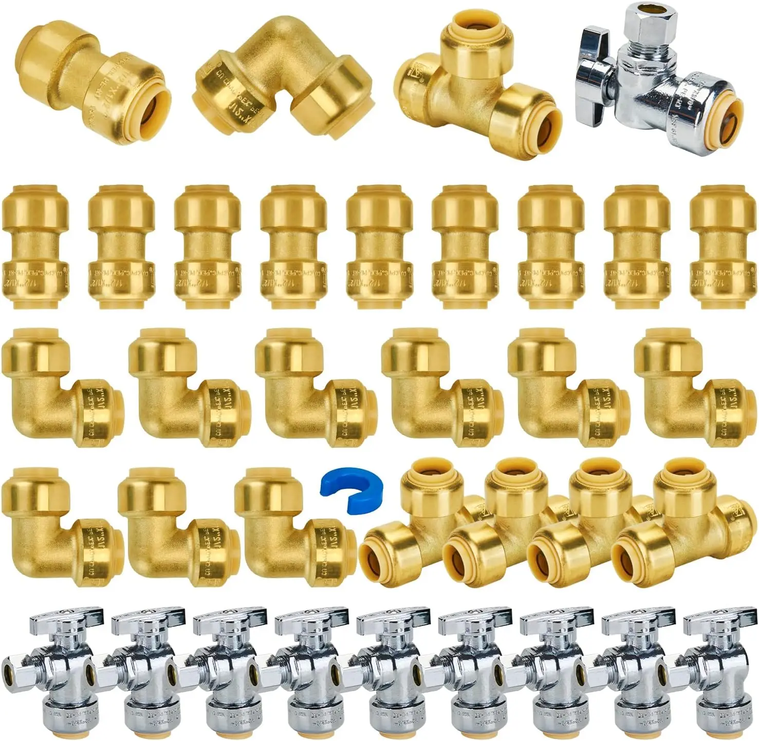 

1/2 Inch Push Plumbing Fitting Kit: 35 PCS with Couplings, Valves, Tees for PEX, Copper, CPVC Pipes